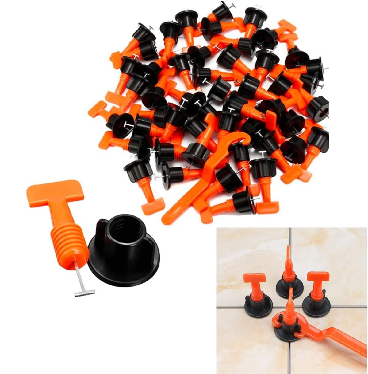 Reusable Tile Leveling System 50 PCS Kit With Special Wrench 1 PCS 100% REUSABLE Tile Leveling System For Tiles/Stone Installation Flooring / Wall DIY (Orange/Black Colour) - Image 1